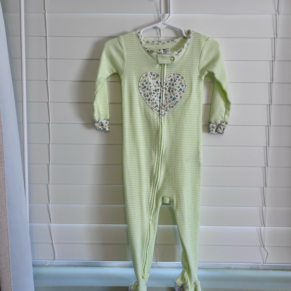 Carter's Light Green Striped Footed One-Piece with Heart Patch